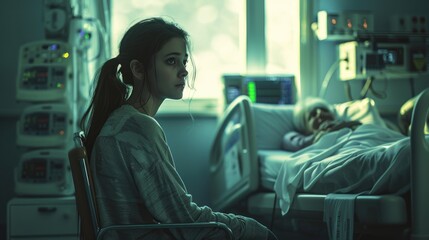 Silent Vigil in Hospital, poignant moment as a young woman sits in contemplation by a hospital bed, her gaze reflecting concern and hope in the dimly lit room - obrazy, fototapety, plakaty