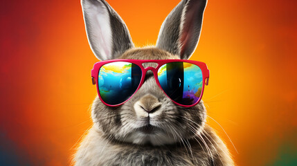 Cool bunny with sunglasses on colorful background