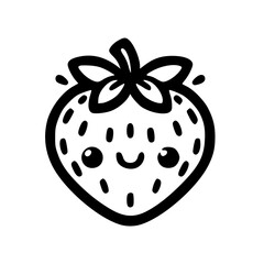 A cheerful and simple black and white line drawing of a cute strawberry with a sweet smile and playful eyes, perfect for a light-hearted design.