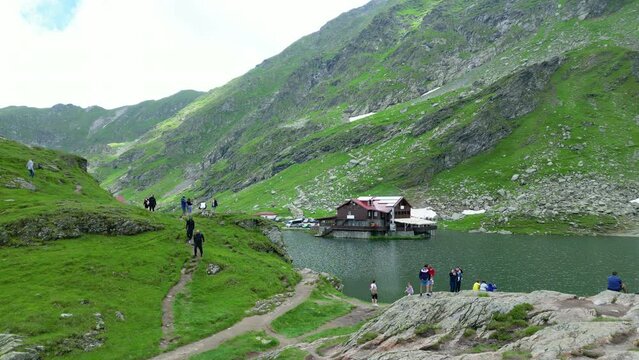 People At Balea Lake, Transfagarasan, Aerial 4k Video