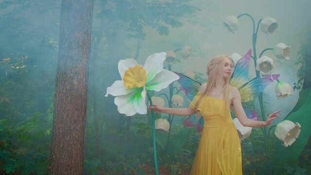 Happy smiling face fantasy woman fairy in yellow dress bright butterfly wings. Elf girl blonde hair fashion model posing near large artificial narcissus flower lilies of valley summer forest fog tree