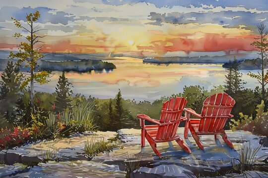 Enchanting sunset landscape with two red Adirondack chairs on a rocky outcropping, watercolor painting