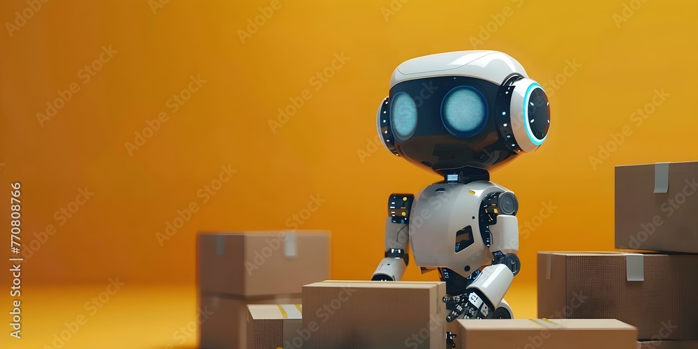 Poster futuristic logistics robot sorting and organizing packages in automated distribution center