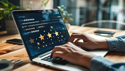 Man rates service & customer experience positively online using laptop, indicating satisfaction with star rating