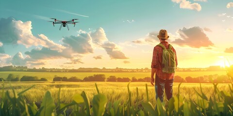 Drone Monitoring Agricultural Fields at Sunset in Countryside Landscape - obrazy, fototapety, plakaty