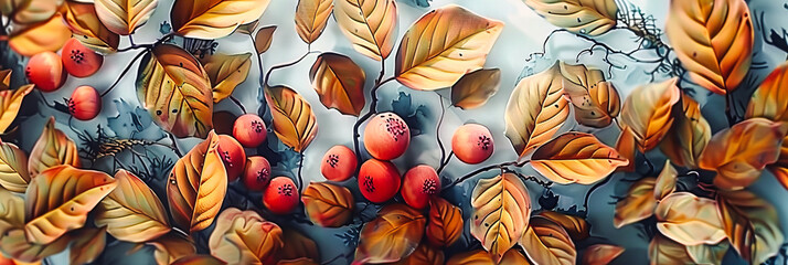 Autumns Final Stand, A Vivid Display of Berries and Leaves, Capturing the Essence of Seasonal Change - obrazy, fototapety, plakaty