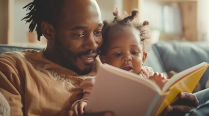 Happy black father relax and read book with baby time together at home. parent sit on sofa with daughter and reading a story. learn development, childcare, laughing, education, storytelling, practice. - obrazy, fototapety, plakaty