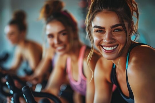 Energetic young women enjoying an indoor cycling class at the gym