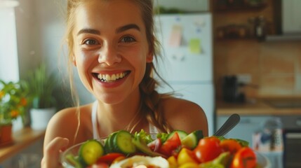 Diet, Dieting. Beautiful woman eat salad for weight loss, slim, good health. Female enjoy with nutrition, almonds, avocado, tomatoes, organic vegetable. Nutritionist healthy food. keto, vegetarian - obrazy, fototapety, plakaty