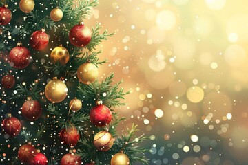 Festive Christmas tree with shimmering red and gold ornaments on a blurred bokeh lights background, holiday digital art
