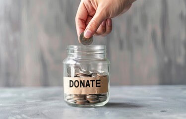 A hand places a coin into a donation jar labeled "Donate," emphasizing the importance of charitable giving.
