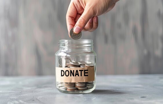 A hand places a coin into a donation jar labeled "Donate," emphasizing the importance of charitable giving.