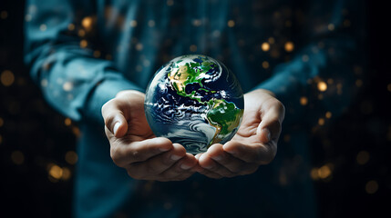 ESG concept: Human hands holding the earth against a green and ecological sustainability background, Elements of this image furnished by NASA - obrazy, fototapety, plakaty
