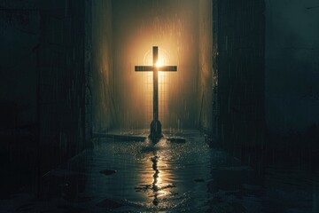 Divine light bathes wooden cross, stark simplicity, powerful Christ symbol, ethereal atmosphere - obrazy, fototapety, plakaty