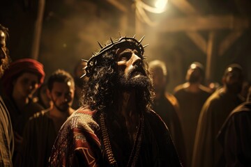 Jesus before Pilate, charged air, lowangle shot, chiaroscuro lighting, historical drama style