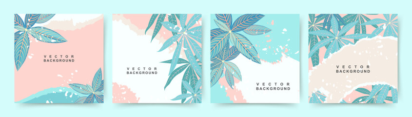Fototapeta na wymiar Summer backgrounds with tropical leaves. Texture in blue and pink. Jungle and beach theme. Editable vector template for card, banner, invitation, social media post, poster, mobile apps, web ads