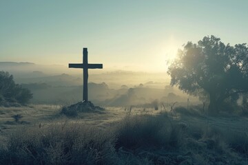 Lone wooden cross, radiant from above, tangible Jesus Christ presence, early morning, serene landscape - obrazy, fototapety, plakaty