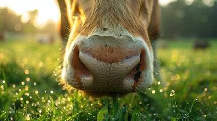 Cow Grazing in Field at Sunrise Close-Up - obrazy, fototapety, plakaty