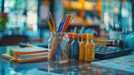Artistic Workspace with Colorful Pencils and Seeds