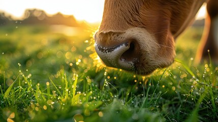 The cow, bathed in the warm hues of sunrise, leisurely nibbled on grass in the field - obrazy, fototapety, plakaty