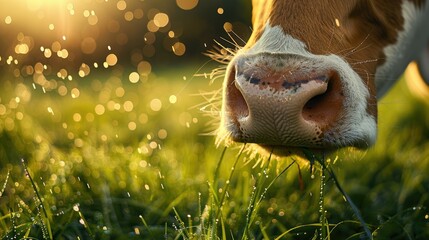 A close-up shot captured the cow peacefully grazing in the field as the sun rose behind it