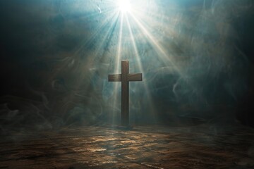 Simple wooden cross, radiant heavenly light from above, invoking Jesus presence, tranquil scene