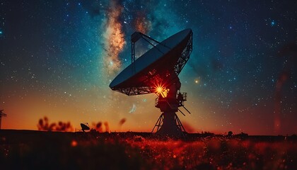 Captivating Night Sky, Radio Telescope in Radiant Illumination - obrazy, fototapety, plakaty