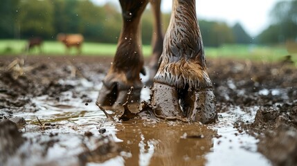 The sound of hooves echoed as the horse charged through the muddy pool - obrazy, fototapety, plakaty