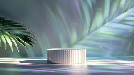 Cylinder shape round platform with light reflections and botanical, palm shadows on the pastel...
