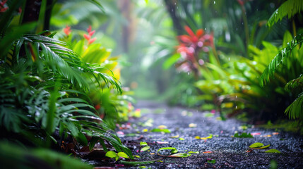 green peaceful walking path after the raining day, fresh nature after raining 