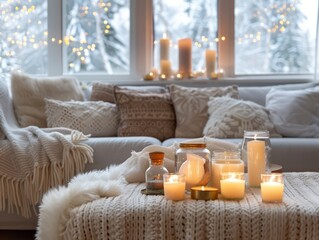 A cozy living room with snow outside the window, featuring a white sofa and an open fireplace