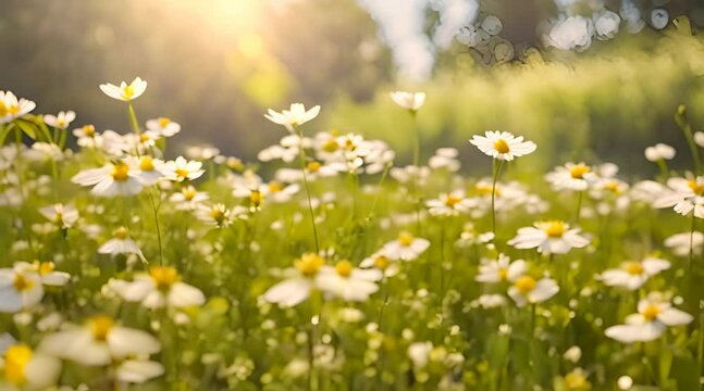 Beautiful blurred spring background nature with blooming glade chamomile, trees and blue sky on a sunny day