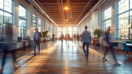 Motion blur of people walking rapidly in corporate building hallway - obrazy, fototapety, plakaty