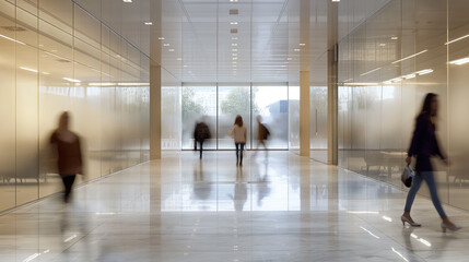 Fototapeta premium Motion blur of people walking rapidly in corporate building hallway