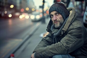 Homeless man on city street, symbol of inflation and rising housing costs - obrazy, fototapety, plakaty