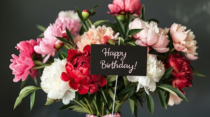 a birthday celebration with a vibrant bouquet of red, pink, or white peonies, accompanied by the cheerful message Happy Birthday.