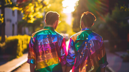 gay couple are walking together - Couple in Rainbow Shirts Enjoying Night Out
