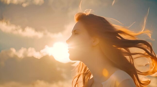 Girl hair flutters in wind, they believe in goodness, women dream of love. Portrait of girl, sun day, silhouette. Beautiful flowing female brown hair. Young woman looks at skym