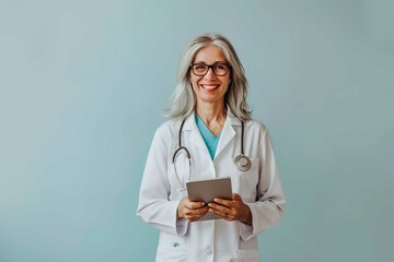 Portrait of smiling middle aged female nurse using digital tablet while standing against blue background