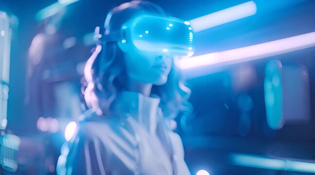 Hologram woman in futuristic costume with flowing hair. Female in modern VR glasses interacting with network while having virtual reality experience