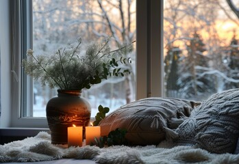 Cozy living room with soft cushions, fluffy blankets, and a warm glow from candles on the windowsill