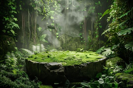 Lush green product display podium in a mystical forest setting with natural elements