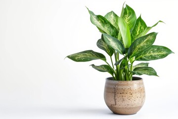 Lush tropical Dieffenbachia houseplant in stylish ceramic pot, isolated on white