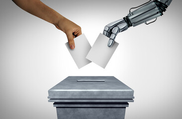 Elections And Technology as voting digital security issues and vote integrity concerns as a human voter and an AI robot voting representing election trust challenges as an ethical dilemma.