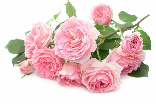 Lush set of vibrant pink roses in full bloom, isolated on white background