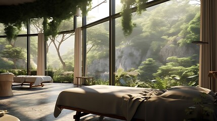 Transport yourself to a virtual retreat where the AI crafts a tranquil scene of a spa-like setting, integrating a verdant view outside the window with modern interior design elements