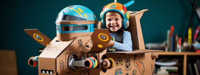 Young Boy in Homemade Cardboard Spacesuit - obrazy, fototapety, plakaty