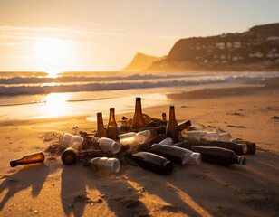 Tas de bouteilles abandonnées sur une plage au coucher de soleil - obrazy, fototapety, plakaty