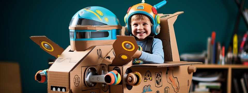 Young Boy in Homemade Cardboard Spacesuit
