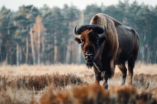 Majestic European Bison Bull Standing Alone in Natural Habitat, Wildlife Photography